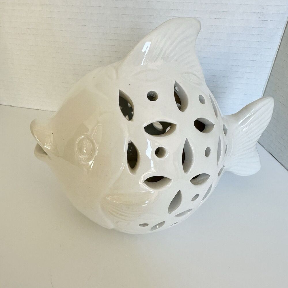 Glazed Ceramic Fish Costal Decor White 8x7" Nautical Sculpture Home Staging